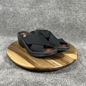 BZees Desire Women’s Sz 6.5 Black Fabric Casual Cross Strap Wedge Slide Sandals